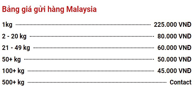 Bảng giá gửi hàng đi Malaysia